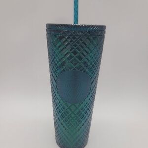 Starbucks Teal Blue Green Diamond Jewel Cold Cup Tumbler 24 oz